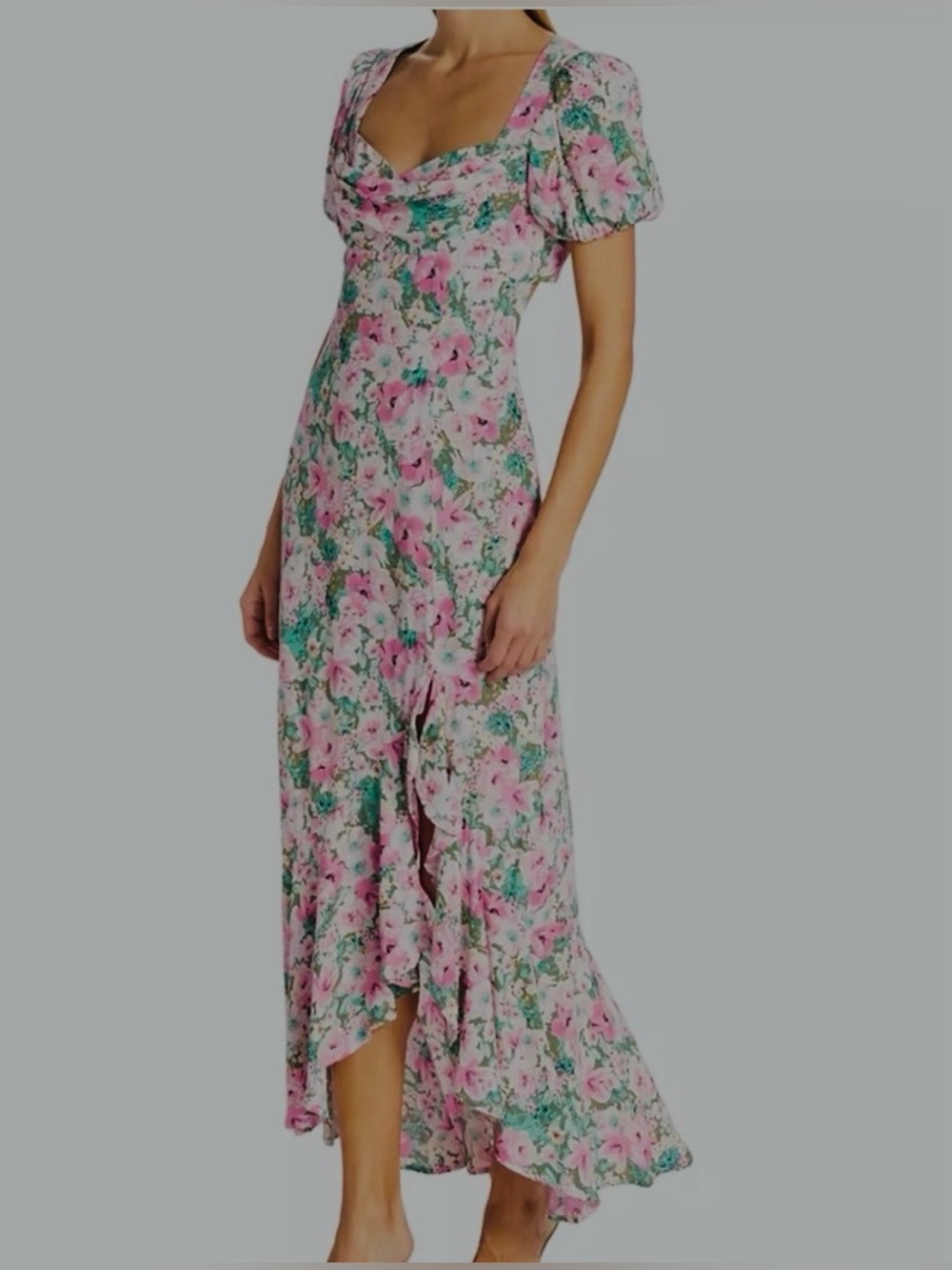 Astr The Label Pink Women’s Foral High-Low Maxi Dress, With Puff Sleeves, M.